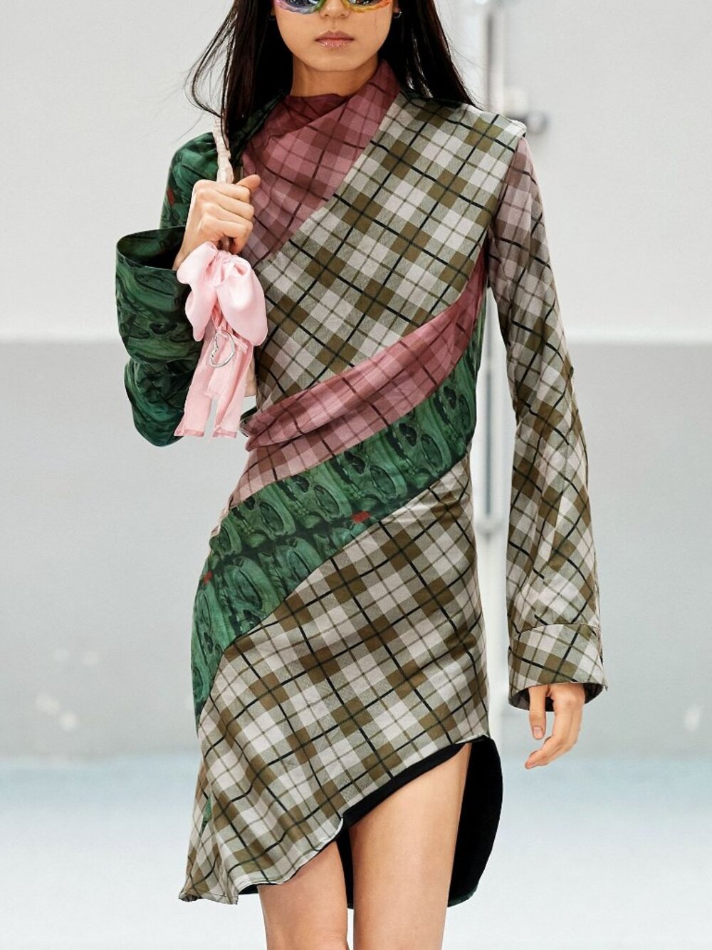 Ottolinger SS23 Runway Brooke-Print Plaid & Skull Twisted Drape Mini Dress